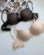 beautiful-black-and-beige-polka-dot-classic-bras-with-belts-and-mesh-for-B-cup