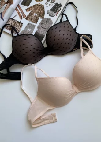 beautiful-black-and-beige-polka-dot-classic-bras-with-belts-and-mesh-for-B-cup