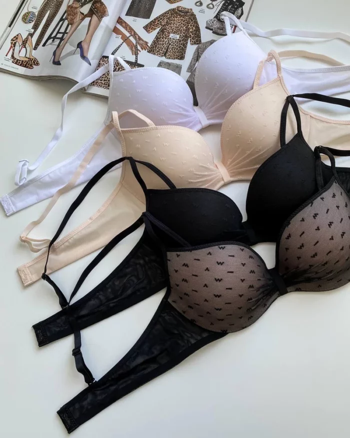 beautiful-white-black-and-beige-polka-dot-classic-bras-with-belts-and-mesh-for-B-cup