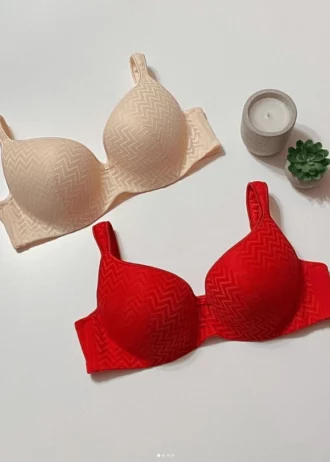 red-and-beige-classic-bras-with-triangle-patterns-and-thin-foam-with-a-plant-and-candle-nearby