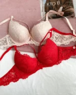 tempting-beige-and-red-lace-classic-bras-with-push-up-bows-and-belts-with-a-magazine-nearby