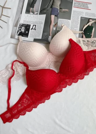 red-and-beige-classic-bras-with-triangle-pattern-on-the-cups-with-thin-foam-and-lace-on-the-lower-part