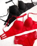 seductive-red-and black-sets-of-bustier-bras-and-high-waisted-panties-with-belts-with-a-gentle-lace-pattern-mesh-and-a-choker