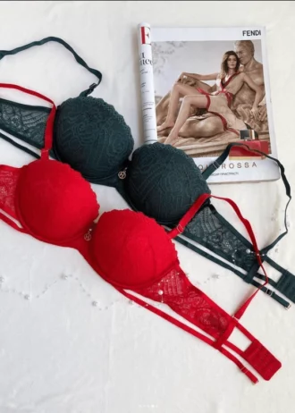 green-and-red-lace-balconette-bras-with-push-up-and-belts-and-magazine-on-the-background