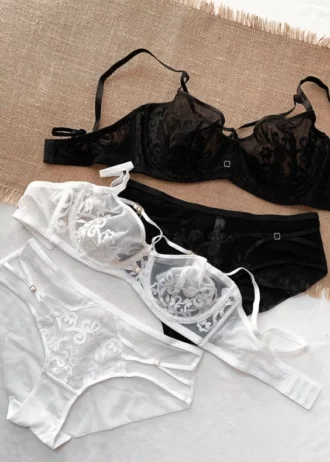 modern-black-and-white-sets-of-mesh-bras-without-foam-with-pieces-of-lace-and-belts-on-the-upper-part-and-mesh-panties-bundled
