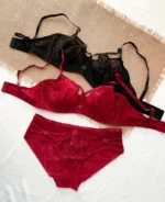 red-and-black-sets-of-mesh-bras-without-foam-with-pieces-of-lace-and-belts-on-the-upper-part-and-high-waisted-panties-bundled