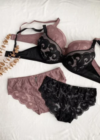pink-and-black-and-beige-sets-of-underwear-with-beautiful-lace-pattern