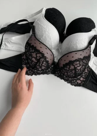 black-white-and-balck-and-pink-polka-dot-bras-with-beautiful-lace-for-B-cups