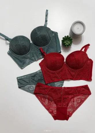 green-and-red-lace-sets-of-bustier-bras-with-push-up-and-panties-with-belts-with-a-plant-and-candle-nearby