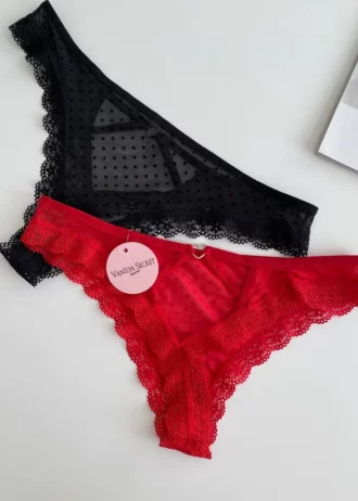 tempting black and red lace polka dot panties with a slit and mesh