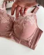 beautiful powdery lace bustier bra with thin foam for D and E cups