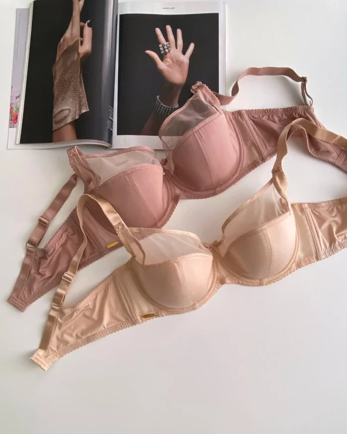 luxurious smooth powdery and beige bras with thin foam and D cups with mesh Lanny Mode